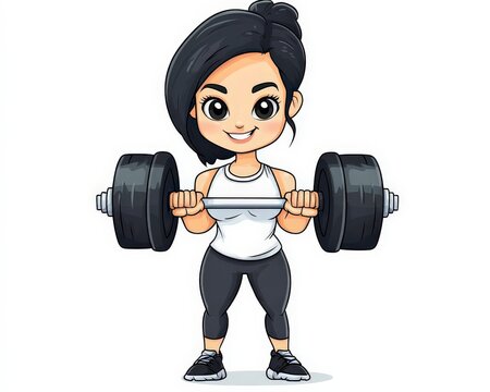 Cartoon Woman Lifting Weights with a Confident Smile in Fitness Gear
