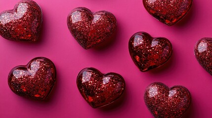 Fototapeta premium A vibrant Valentine Day scene with scattered red hearts and golden glitter on a bright pink background.