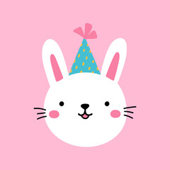 Cute bunny in a festive hat isolated on a pink background. Vector hand-drawn illustration in flat style. Perfect for decorations, holiday designs, cards, logo.
