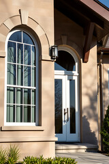 Elegant Home Entrance: Classic Architecture and Design.  A stunning facade featuring a stone exterior, arched windows, and a double door entrance.  Luxury real estate photography.