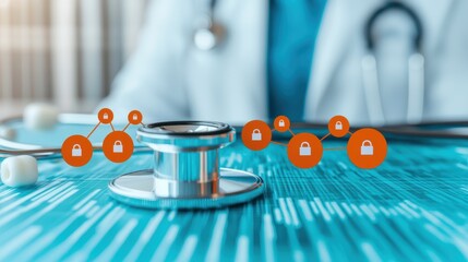 Secure Health Data Concept with Stethoscope and Lock Icons