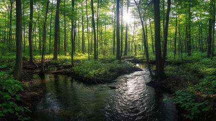 Obraz premium Sunlit stream flows through lush green forest. Peaceful nature scene, ideal for travel or environmental themes