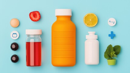 Bright and Colorful Arrangement of Health Products on Blue Background