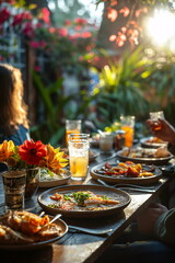 Fototapeta premium Friends enjoying a meal together at an outdoor table surrounded by lush greenery and vibrant flowers. The setting sun creates a warm atmosphere, enhancing the dining experience