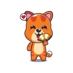 cat mascot cartoon character vector illustration with hand fan.
