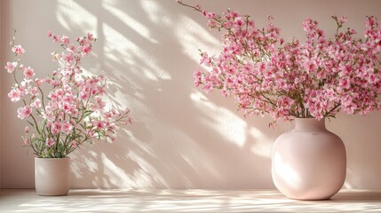 Fototapeta premium Elegant pink blossom arrangement minimalist interior floral decoration natural light serene atmosphere