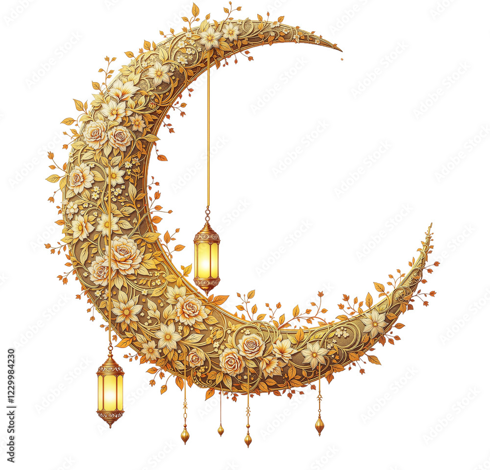 Fototapete elegant crescent moon with golden lanterns and floral patterns on a minimalist white background