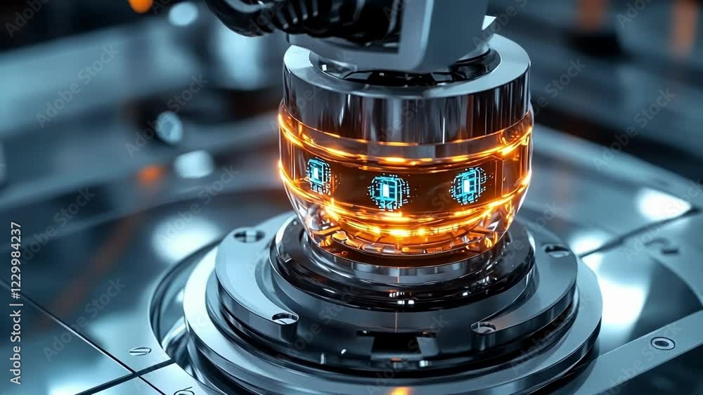 Poster a closeup shot of a manufacturing robots end effector with several indicators highlighting advanced 