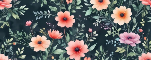 Abstract floral pattern with watercolor-style flowers and stems,  floral design,  blooms,  colorful flowers
