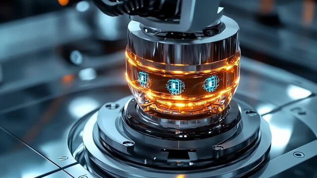 A closeup shot of a manufacturing robots end effector with several indicators highlighting advanced energysaving features designed for high throughput with low power consumption.