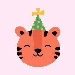 Cute tiger in a festive hat isolated on a pink background. Vector hand-drawn illustration in flat style. Perfect for decorations, holiday designs, cards, logo.