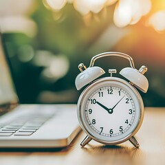 habit mindset improvement Clock by laptop, symbolizing time management and productivity in a warm, inviting setting.