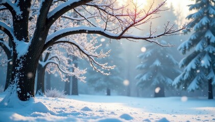 Naklejka premium A serene winter scene with falling snow and trees, tree, branches, serene