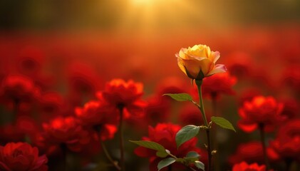 Obraz premium A single golden rose in a red and gold floral field, red, gold, nature