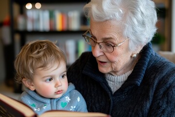 A joyful scene with a grandmother and a toddler exploring a storybook together, showcasing love, knowledge sharing, and the delight of early childhood learning.