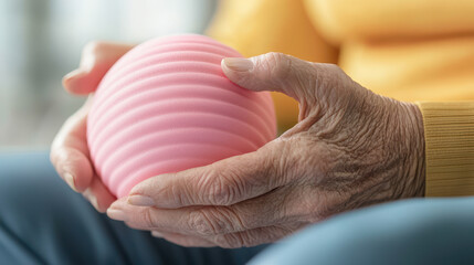 Elderly hands holding pink foam ball during therapy session