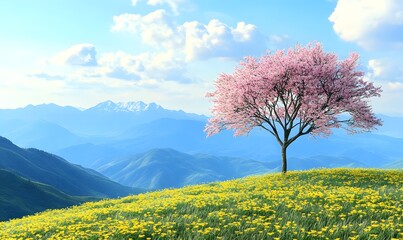 Solitary pink tree on hillside, yellow flowers, mountain backdrop; springtime nature scene