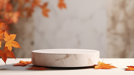round marble podium product presentation white table autumn leaves background mockup cosmetic design