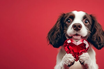 English springer spaniel - my preferred dog. Cute english springer spaniel pup with diamond red heart - emblem of love, funny greeting card. Advertising concept art. Pet love. Puppy love.
