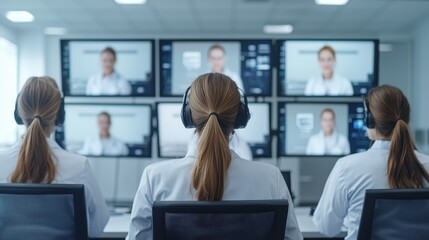 Obraz premium Medical Professionals Monitoring Multiple Screens in Modern Control Room