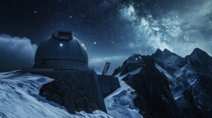 A space observatory with state-of-the-art telescopes and astronomical instruments, remote mountain peak with stars visible in the night sky, High-tech style