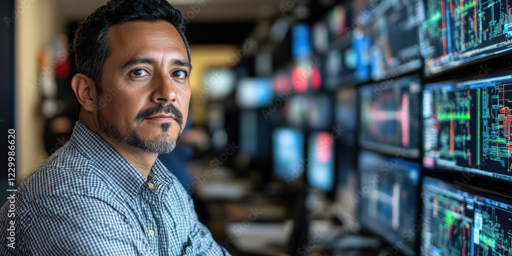 Poster man in a shirt focused on a computer screen in a bright and modern office setting