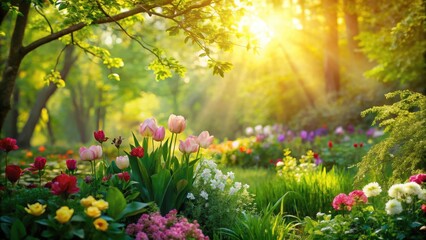 Soft sunlight casts a warm glow on lush greenery and vibrant blooming flowers in a serene spring landscape with brushstrokes of light and shadow, greenery, foliage