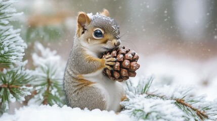 Obraz premium A small squirrel with a chestnut in its mouth, navigating a snowy landscape during winter. The pinecone serves as a symbol of the holiday season and rodent behavior for food storage.