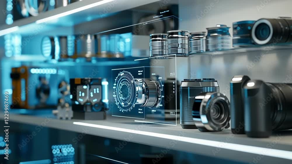 Poster a detailed view of interchangeable machine components displayed neatly on a shelf showcasing various