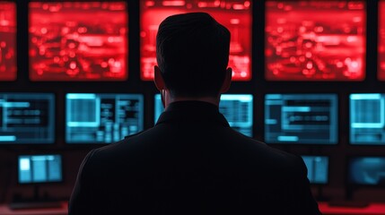 Futuristic cybersecurity operations center high-tech command room for digital surveillance