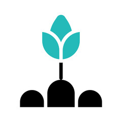 Stylized teal plant growing from three black mounds