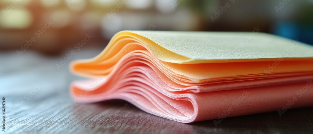 Aufkleber stack of neatly folded papers arranged on a wooden table in a well-lit workspace environment