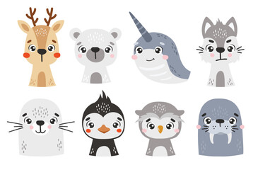 Polar animals set isolated, cute arctic animals, kids vector cartoon