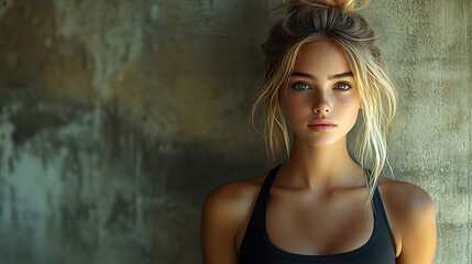 Fototapeta premium A young woman with blonde hair and blue eyes stares intensely at the camera.