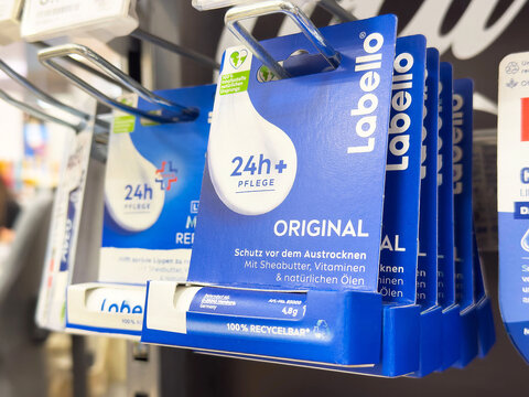 Labello original lip care display with recyclable packaging in store