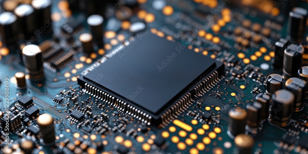Poster close up image of a computer circuit board with visible electronic components and connections