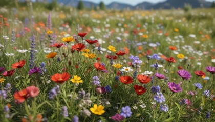 Fototapeta premium Blooming wildflowers in a meadow with vibrant colors and gentle breeze, fresh flowers, botanicals, serene landscape