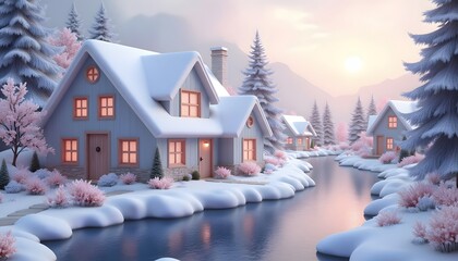 Winter Wonderland Village Houses Snow Covered River