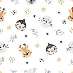 Polar animals pattern, cute arctic animals, kids pattern, polar vector, cartoon, seamless pattern