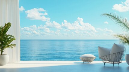 Obraz premium Serene Ocean View Relaxation Space with Modern Minimalist Furniture