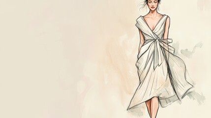 Fototapeta premium Elegant Fashion Sketch of a Flowing Wrap Dress Design in Fabric