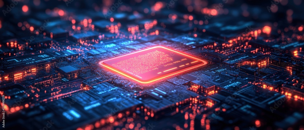 Poster computer processor with glowing red light on circuit board in dark environment for technology concep
