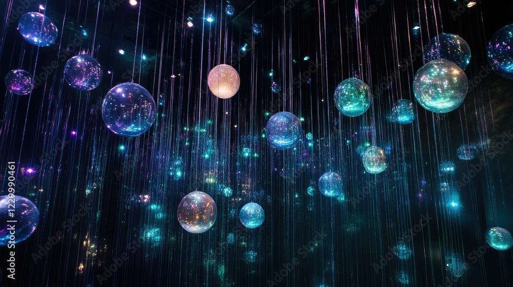 Wall mural iridescent spheres floating in a deep, dark background, illuminated by soft ambient light.