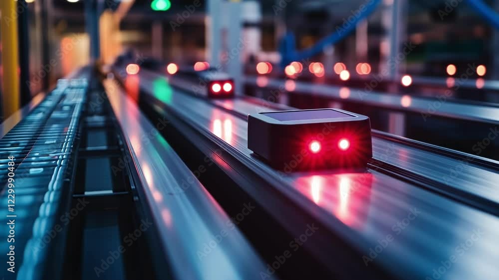 Poster closeup of a sensor connected to a conveyor belt with blinking lights indicating connectivity status
