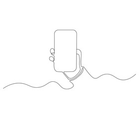 Hand holding smartphone in one continuous line drawing. Symbol of technology. Phone in simple linear style. Editable outline illustration