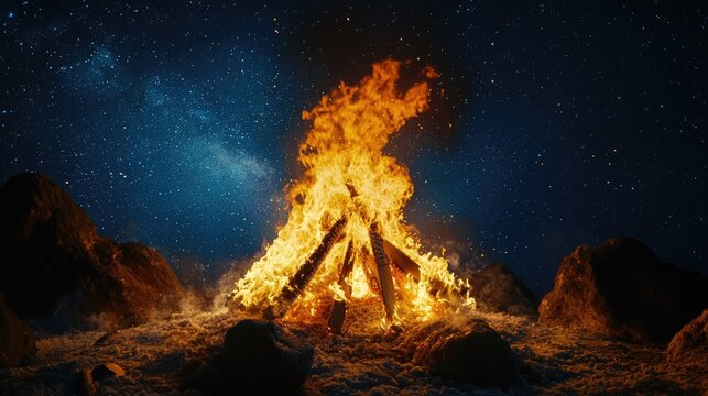 Picture of a fire burning brightly in the night sky, with a rocky landscape and starry backdrop. Perfect for outdoor enthusiasts seeking warmth or light on camping trips.