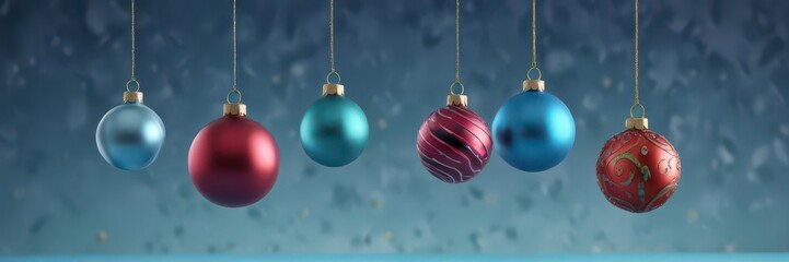 Fototapeta premium Colorful Christmas ornament elements suspended in mid-air on a serene blue background, blue, holiday, hanger