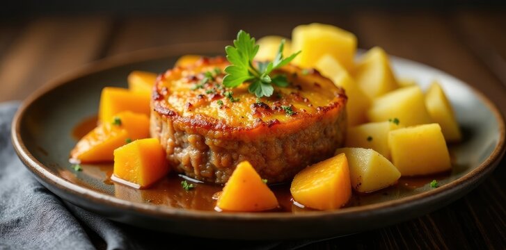 Roasted parmentier made with tender beef, crispy roasted pumpkin, and fluffy boiled potatoes, parmentier, pumpkin