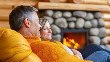 Fototapeta premium Warm Couple Relaxing by Cozy Fire in Rustic Cabin Setting