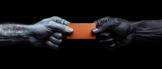 Two hands, one light and one dark, exchanging an orange card against a black background.